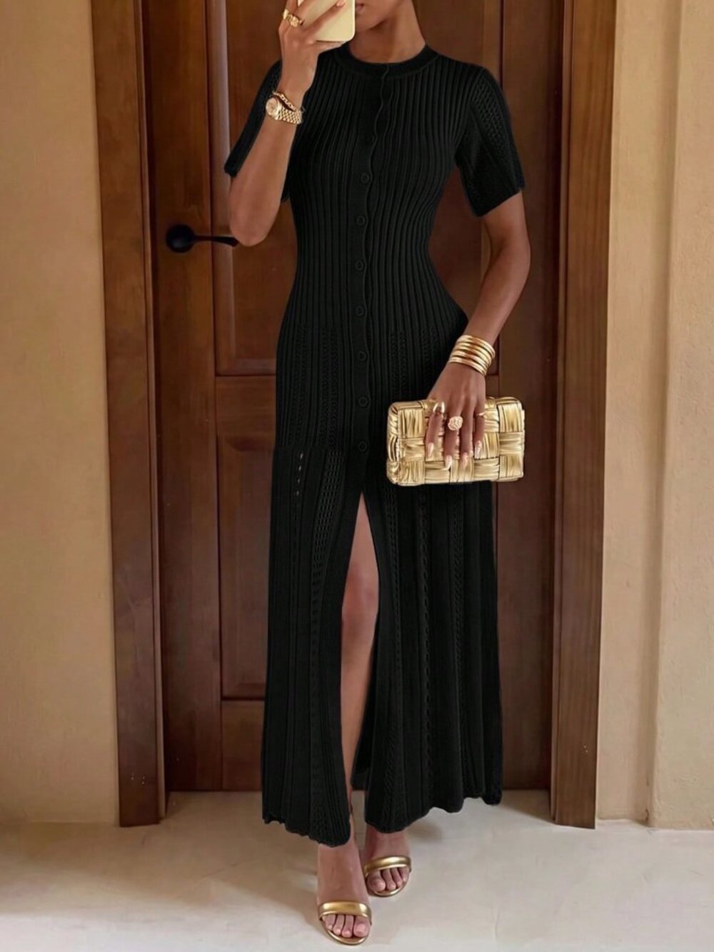 Black Elegant Women's Button Knit Short Sleeve Fishtail Skirt